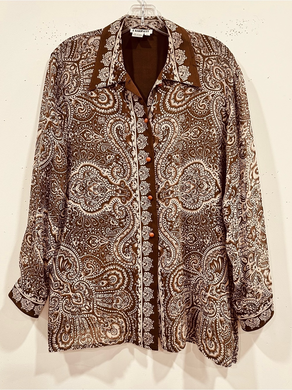 Vintage EXQUISITE Paisley Print 100% Silk Button Up Blouse  Brown Tan Size L